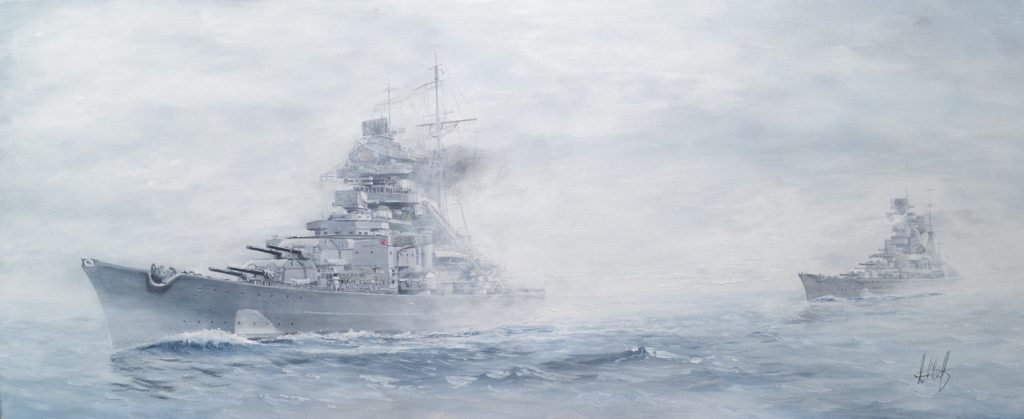 German battleship Bismarck and German battlecruiser Prinz Eugen in the Denmark Strait , May 23rd 1941